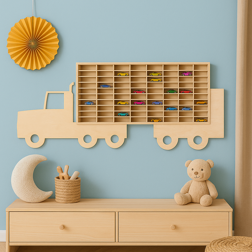 Raft organizator Montessori din lemn , Zola®, model camion, pentru colectionarii de masini, 80 compartimente, 79 x 40 x 4 cm Raft organizator Montessori din lemn , Zola®, model camion, pentru colectionarii de masini, 80 compartimente, 79 x 40 x 4 cm